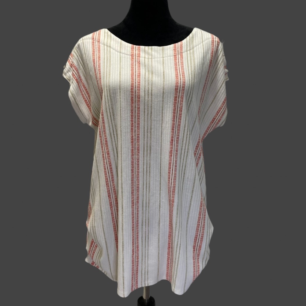 CURE. Women's 1XL Striped Slit Grommet Cap Sleeve Blouse Tunic Natural Boho